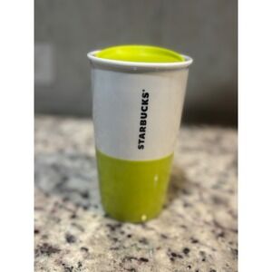 Starbucks "Half Full" Tumbler Cup White Green‎ Ceramic Travel Mug Lid 10oz